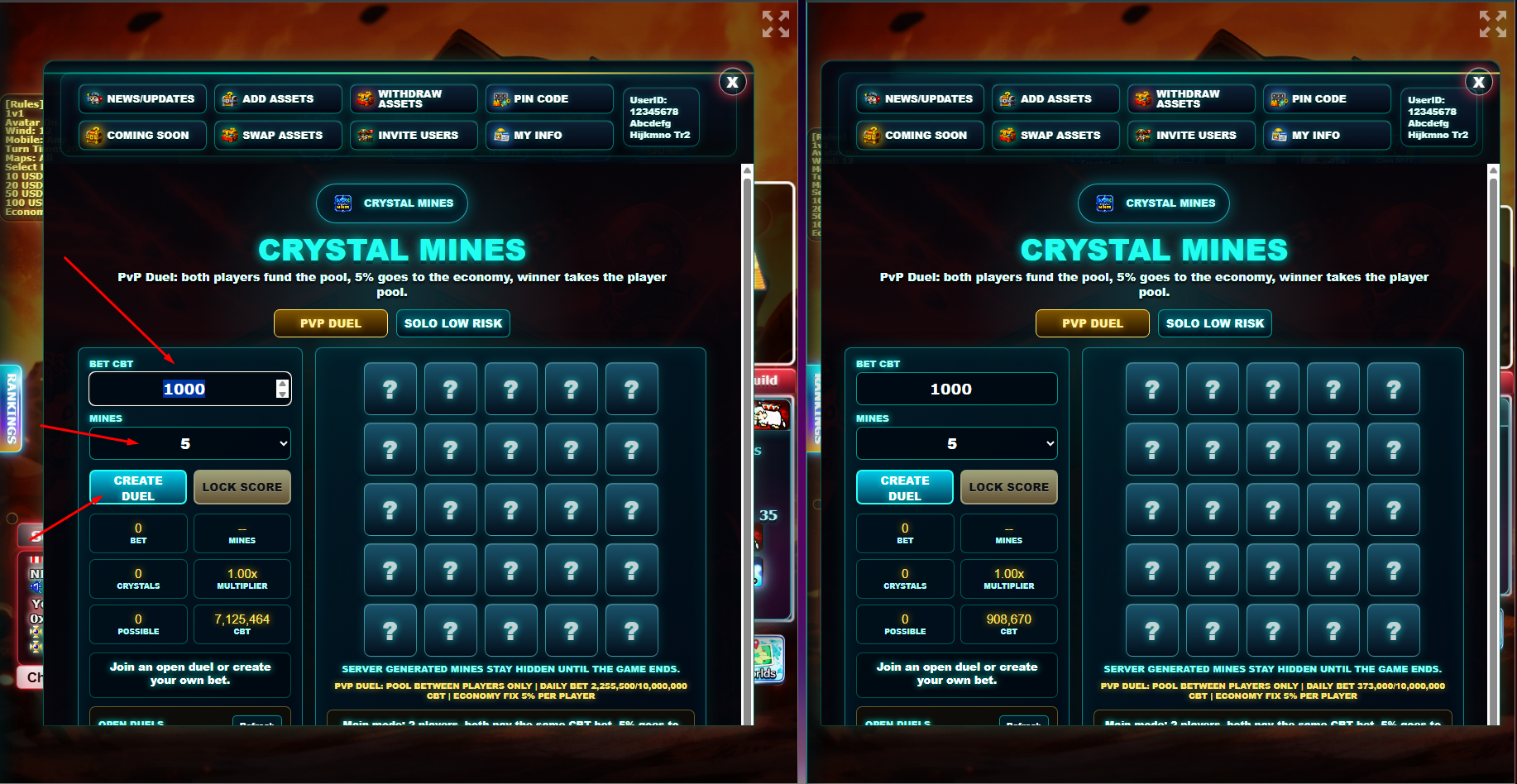 Crystal Mines PvP Duel setup screen