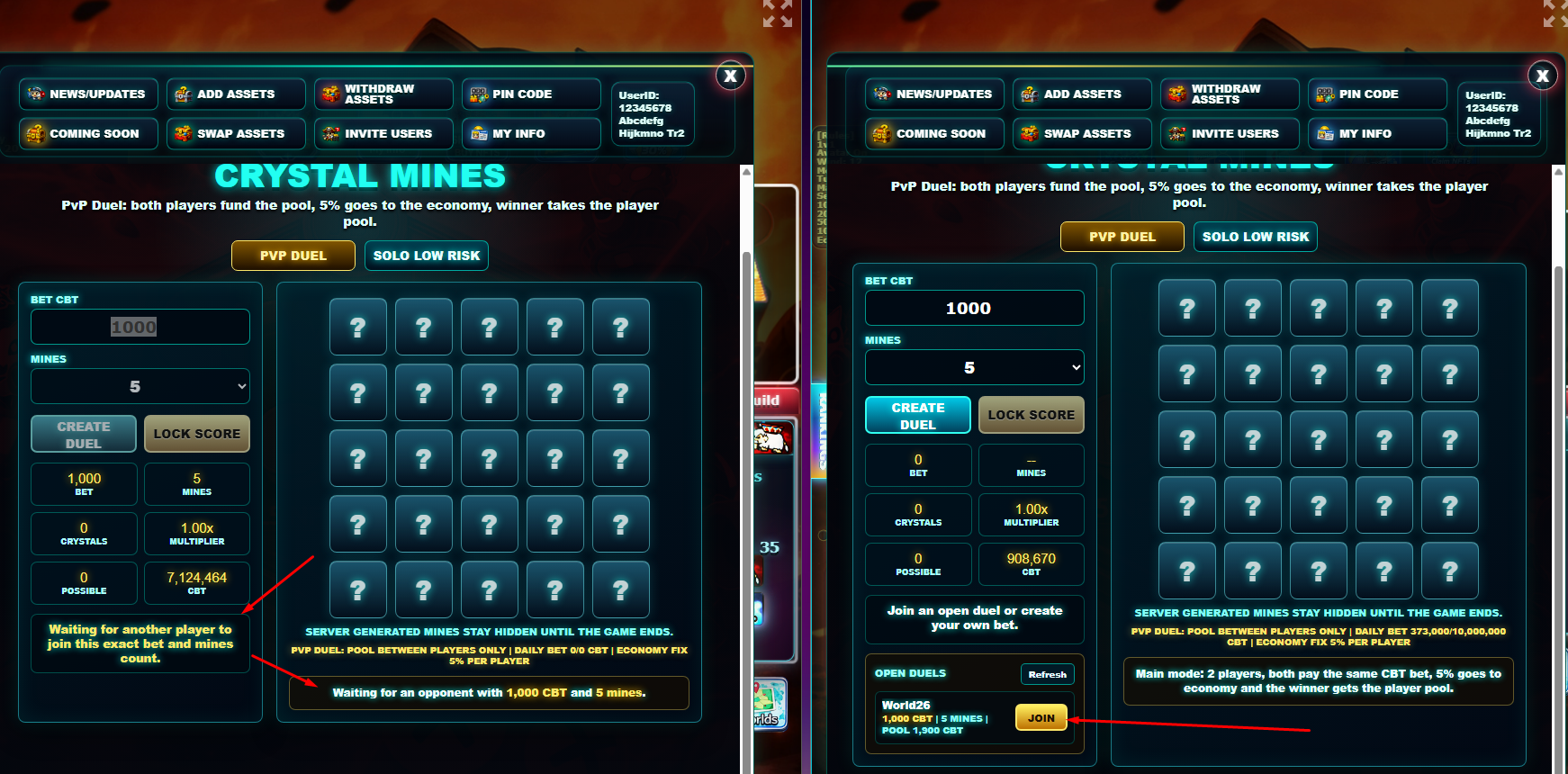 Crystal Mines open duels and join button