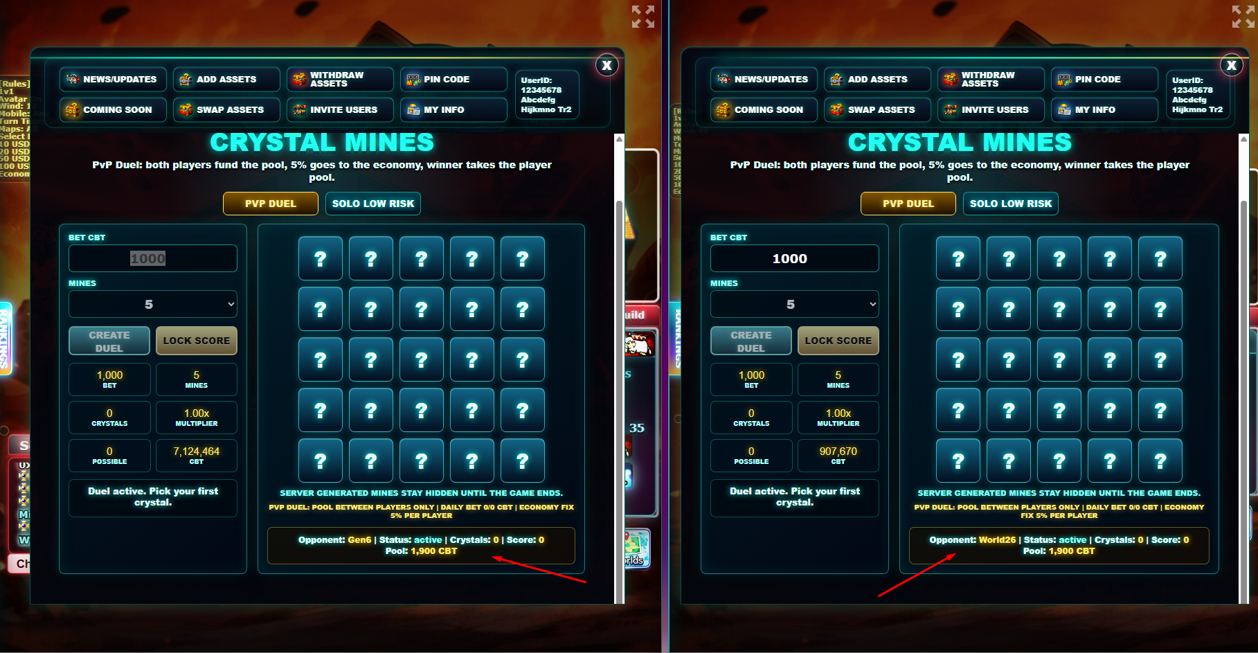 Crystal Mines active duel opponent status