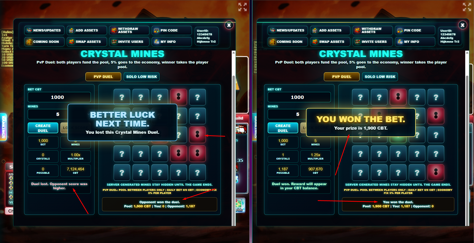 Crystal Mines win and lose web overlays