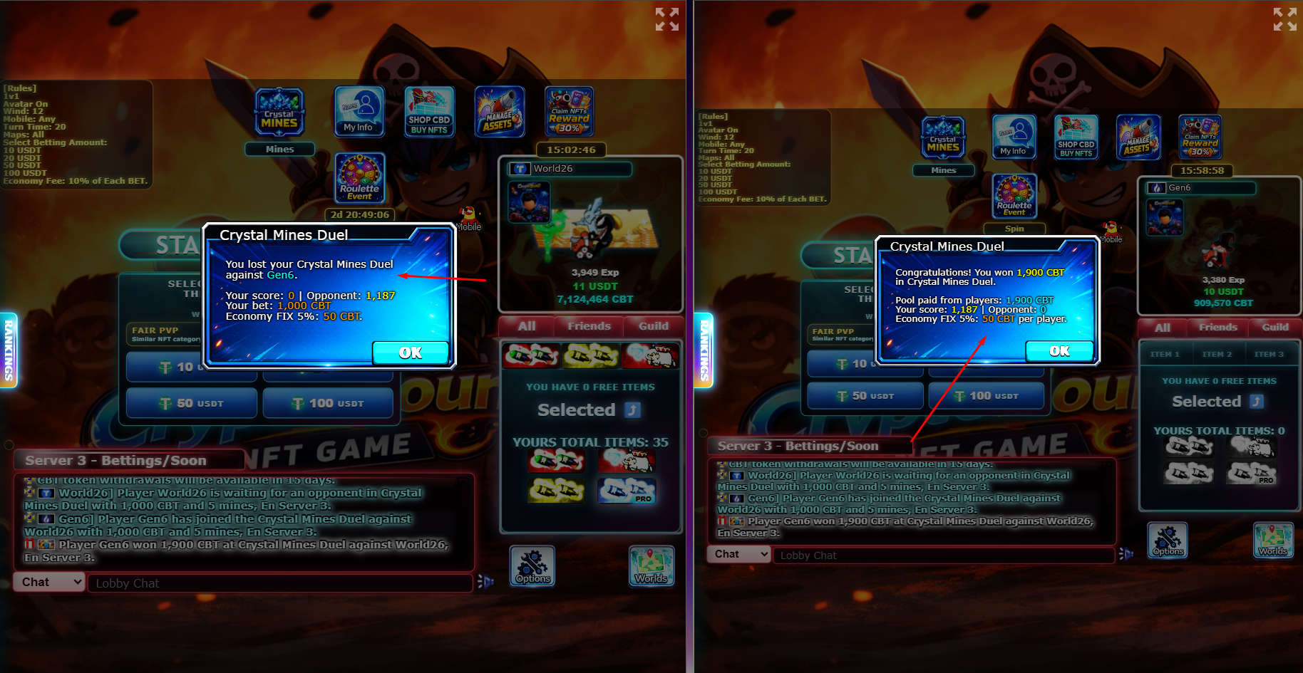 Crystal Mines in-game win and lose notification modal