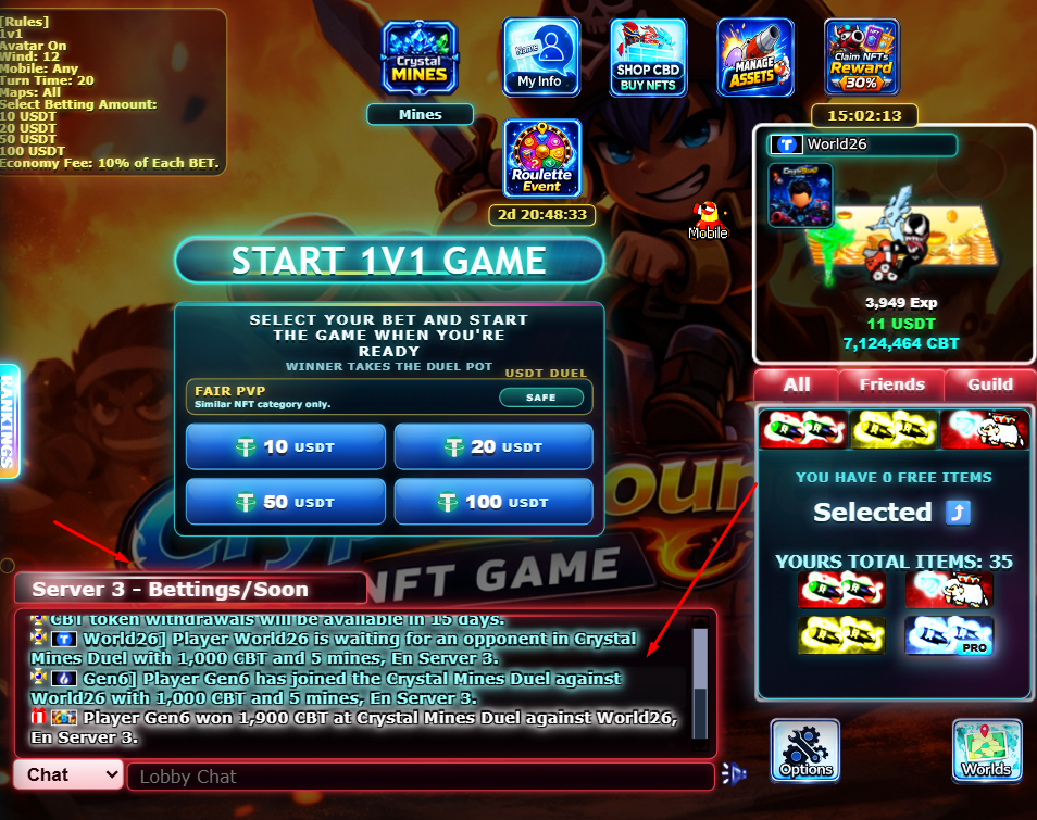 Crystal Mines global lobby chat announcements