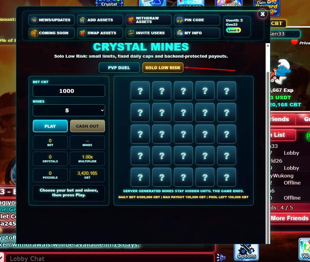 Crystal Mines Solo Low Risk start screen