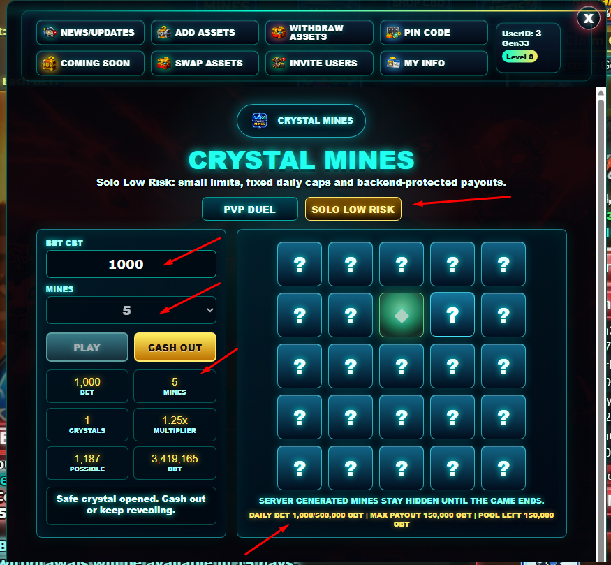 Crystal Mines Solo Low Risk cash out screen