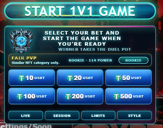 CryptoBound Fair PvP panel showing Rookie category with 114 Power