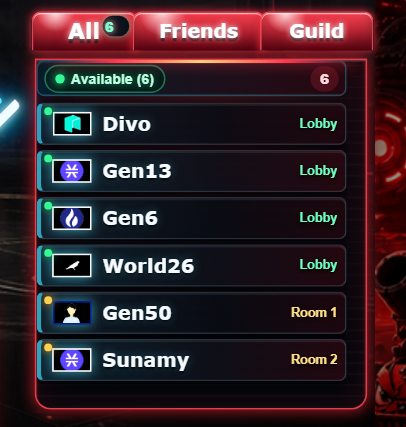 CryptoBound presence list with Lobby and Room player states