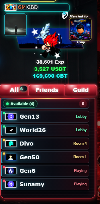 CryptoBound presence list with Lobby, Room and Playing player states