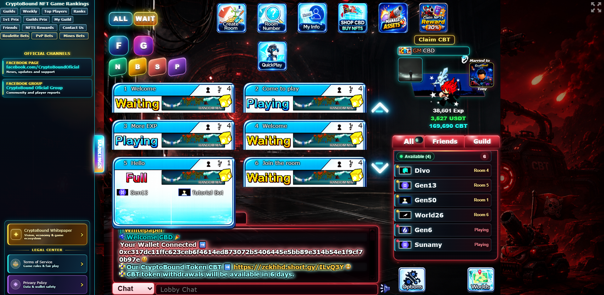 CryptoBound Server 1 lobby showing the room list and the synchronized All player presence panel