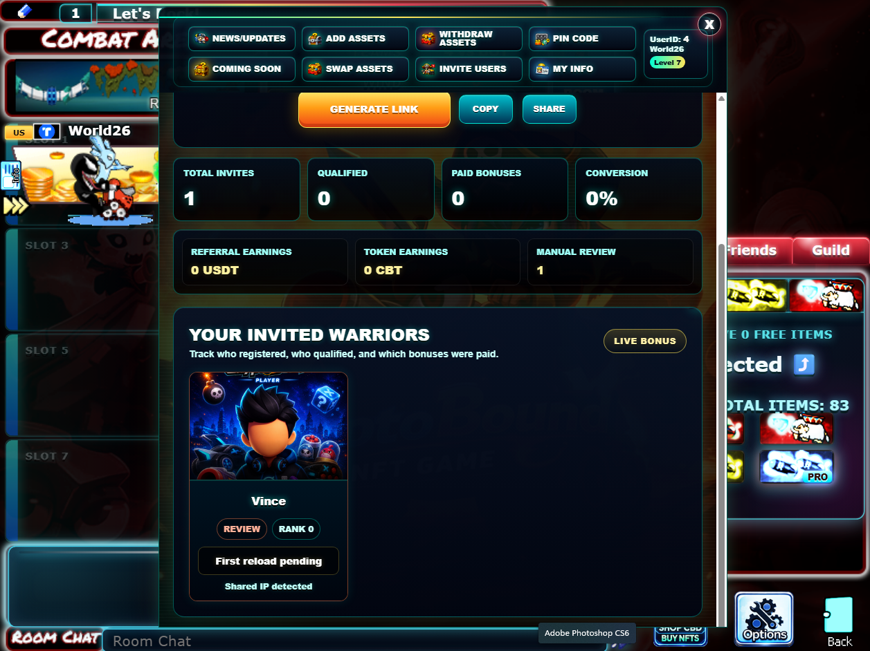 Referral dashboard showing review status and invited player card