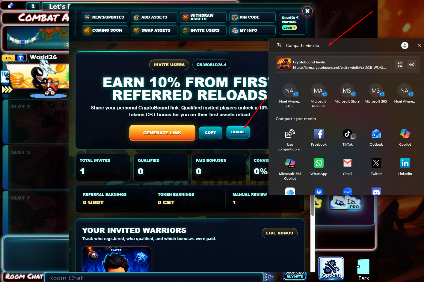 Native share menu opened from the CryptoBound referral panel
