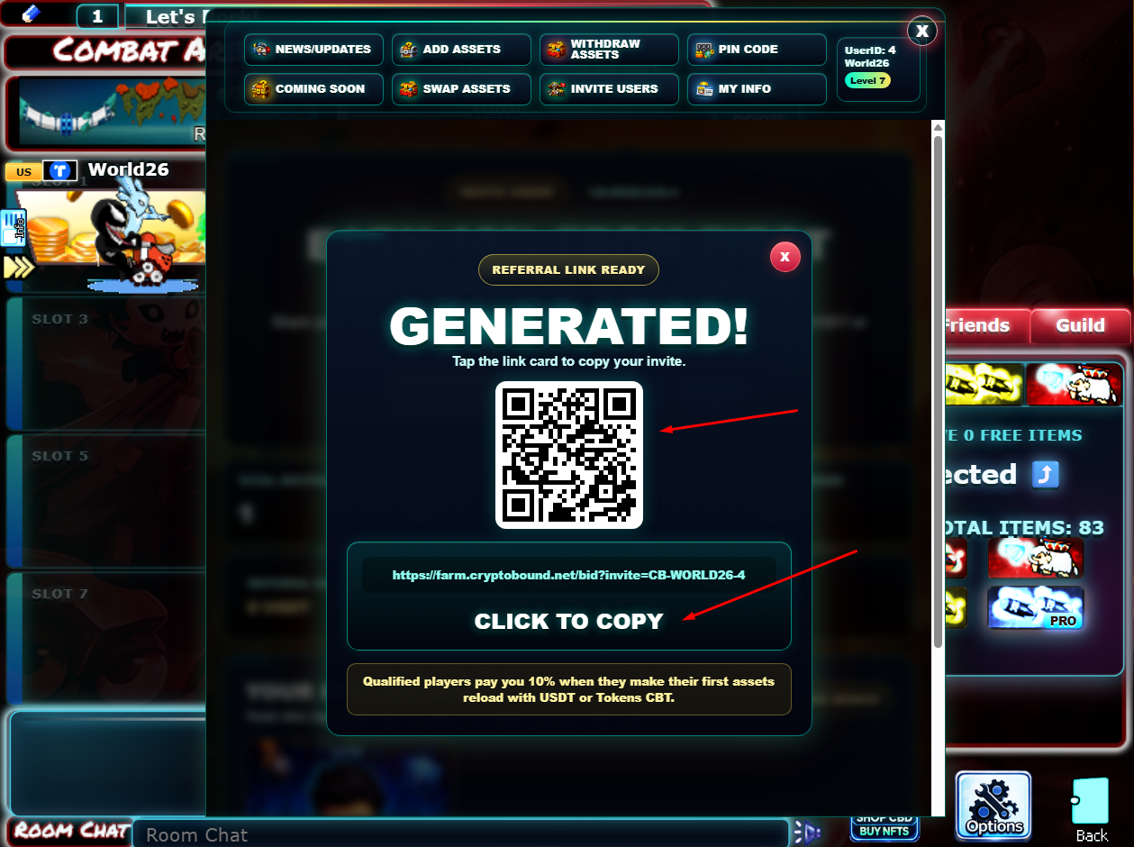 Referral link modal with QR code and click to copy card