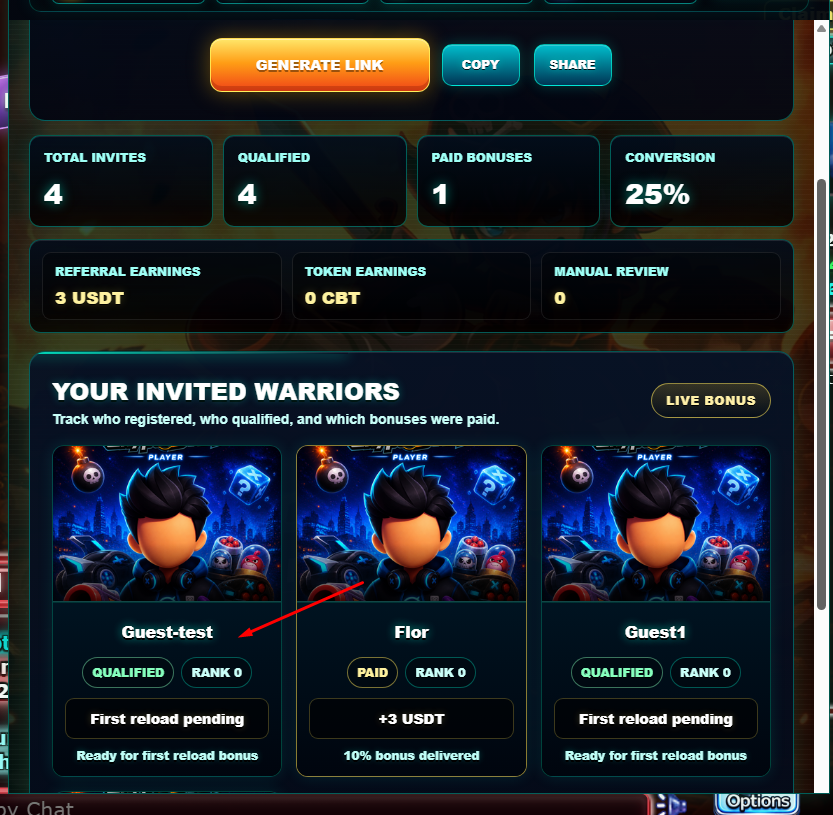 Referral dashboard after a bonus has been paid