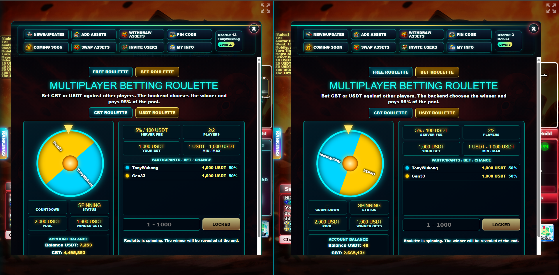 Roulette spinning status with locked betting controls