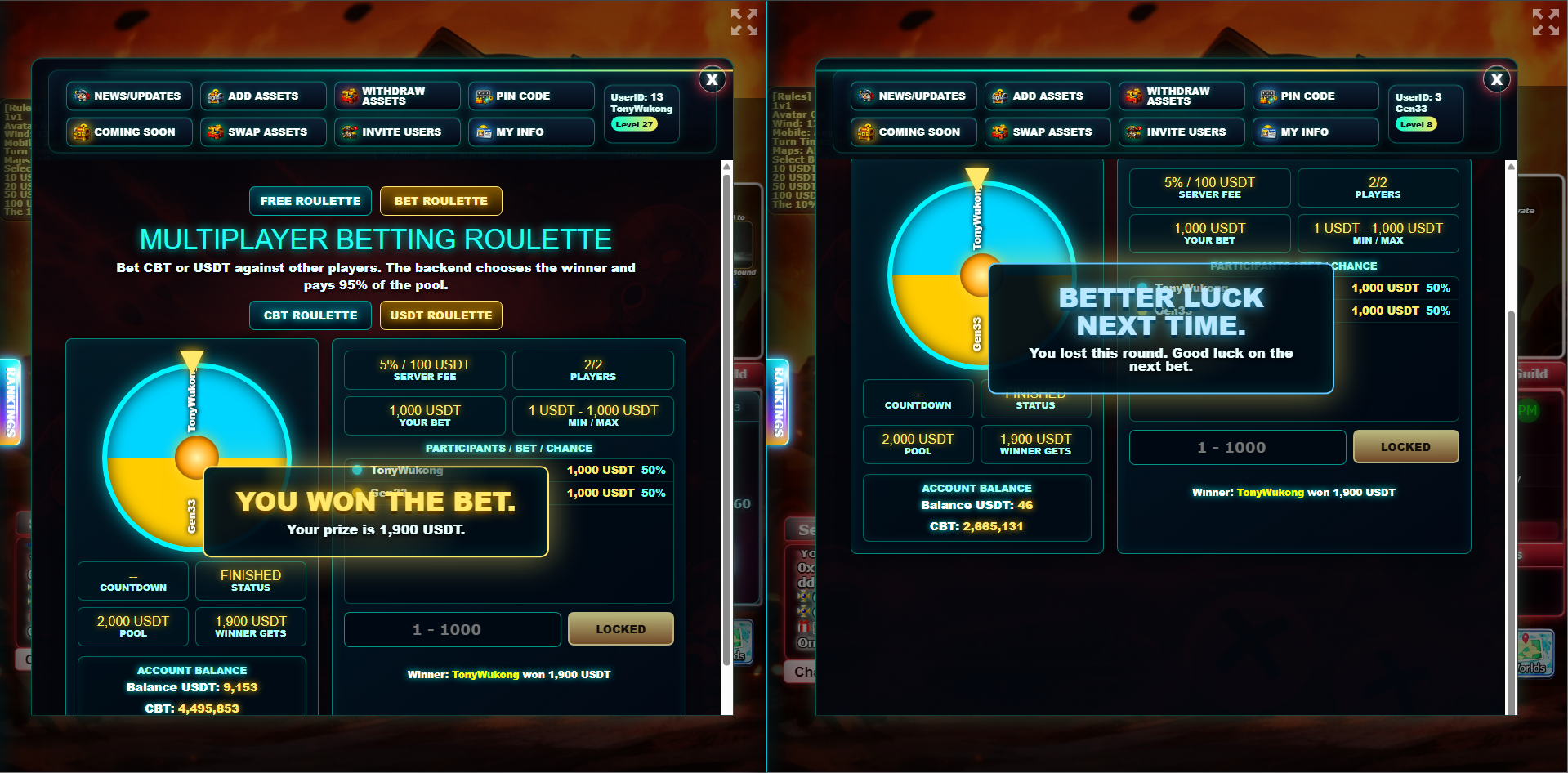 Roulette winner and loser result screens