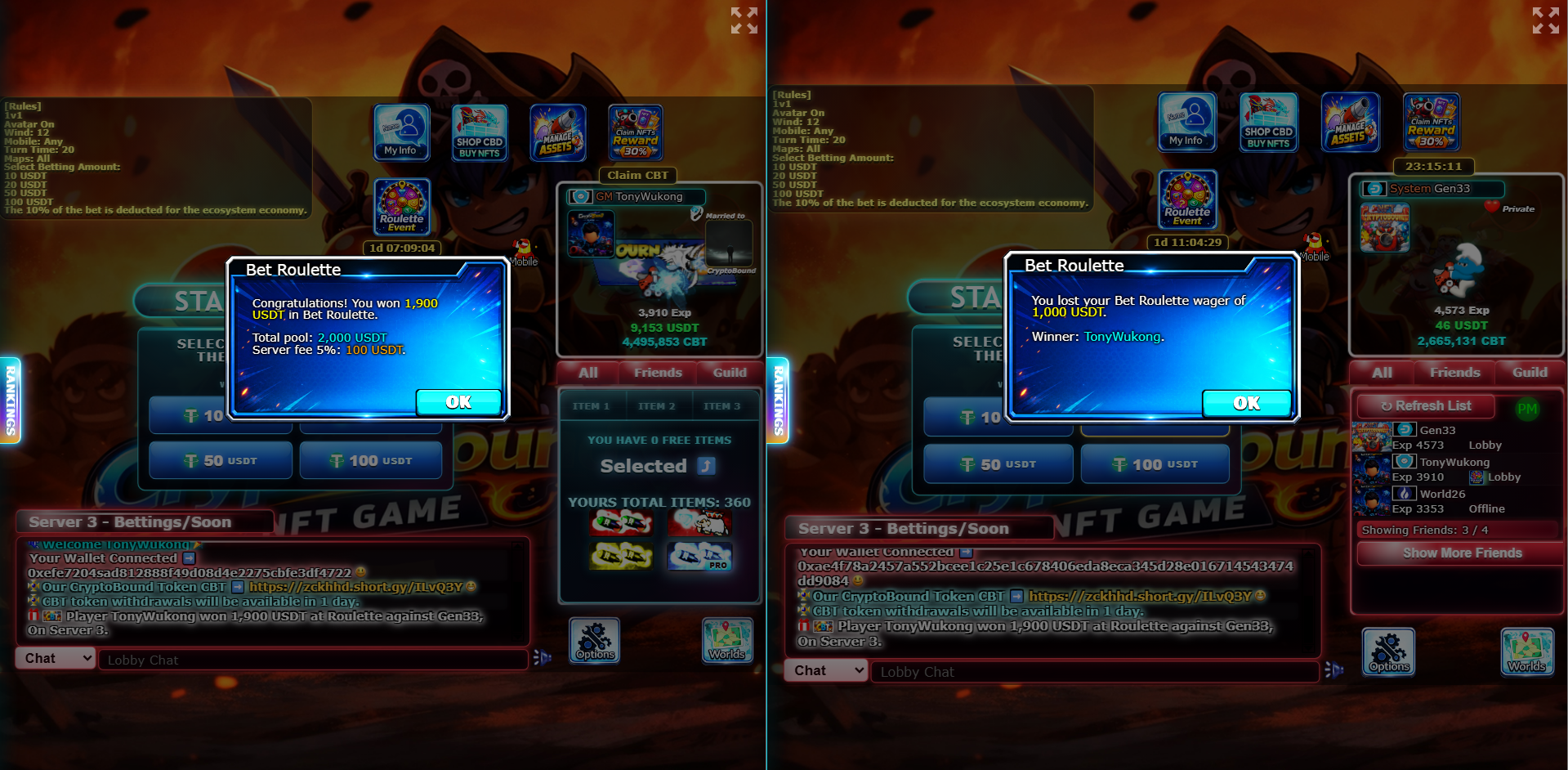 Roulette result announcement displayed in lobby chat
