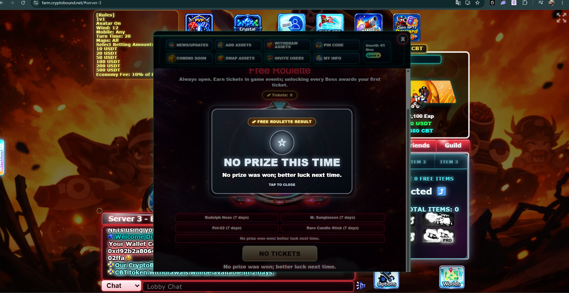 Free Roulette No Prize result modal displayed after the wheel stops