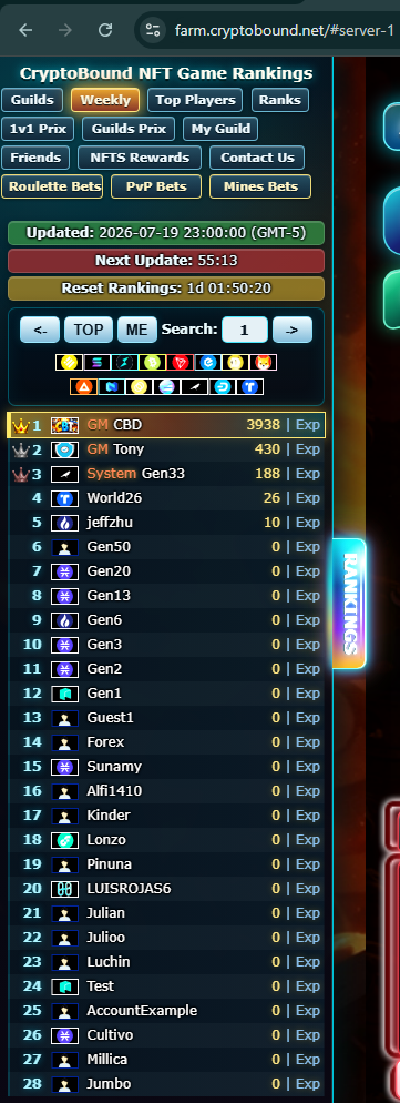 CryptoBound Weekly Ranking showing the Gold, Silver and Bronze crowns beside the current Top 1, Top 2 and Top 3 players